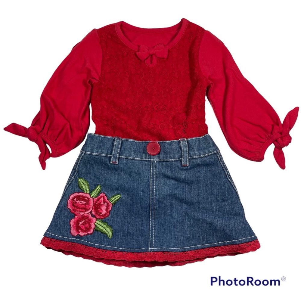 NWOT Red Lace Top With Denim Skirt Dress Size 18M